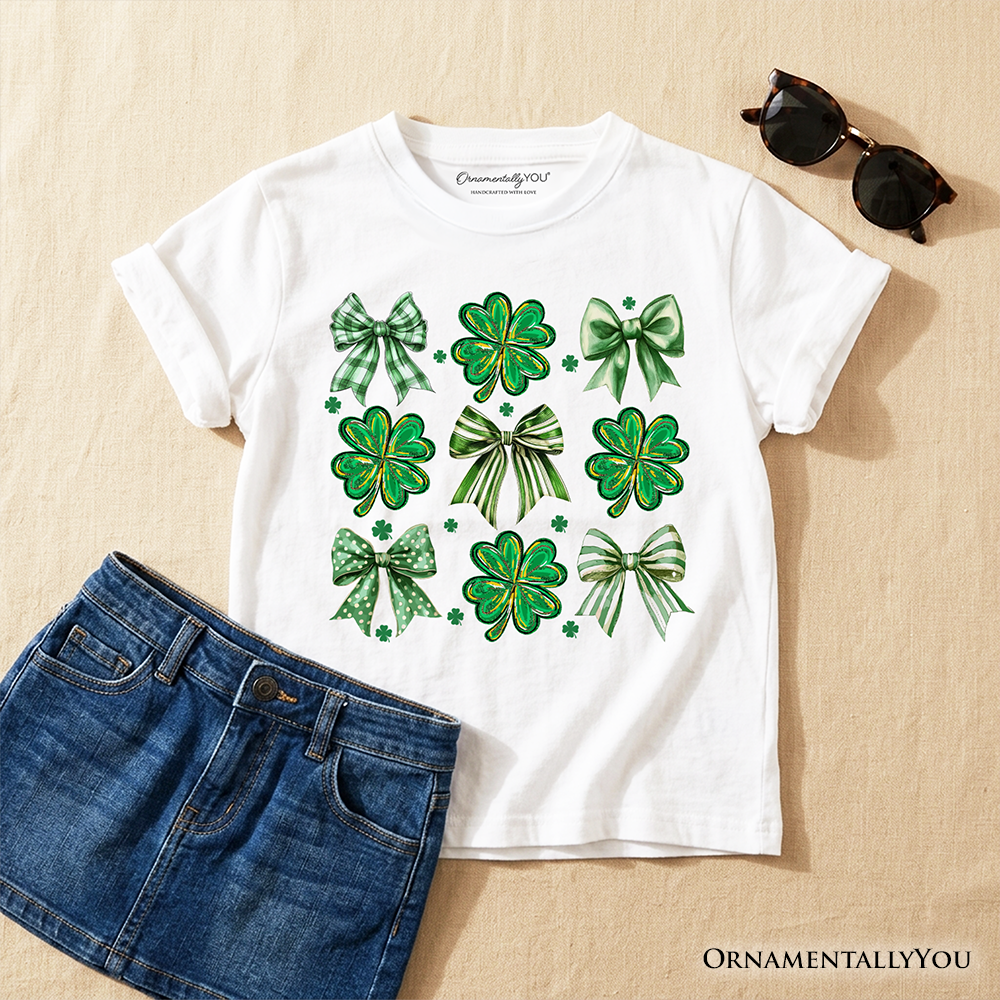 Green St Patricks Day Tee and Kids Clover Bow