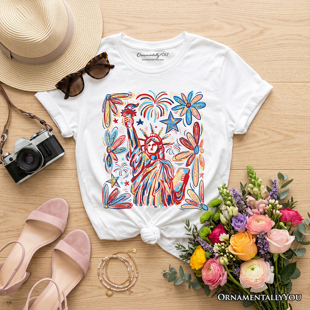 Fourth of July Kids Statue and Fireworks Tee