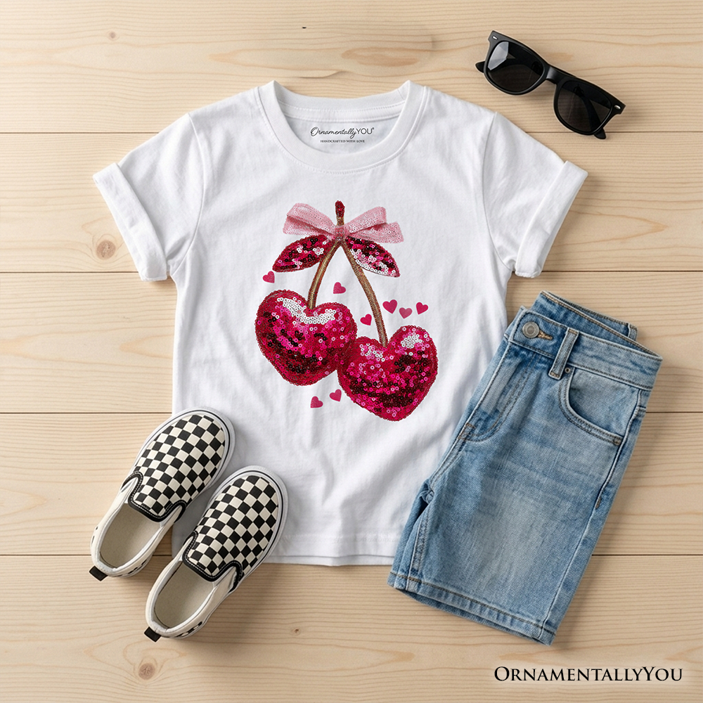 Kids Sequin Pink Cherry Heart Valentine Tee