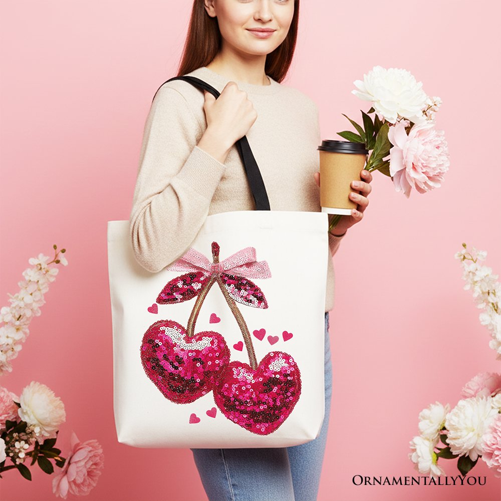Sequin Pink Cherry Heart Canvas Tote Bag for Her