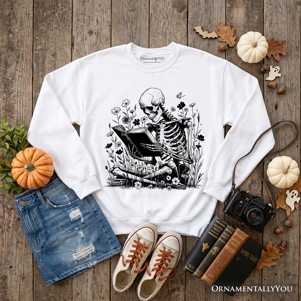 Gothic Reading Skeleton and Floral Halloween Top
