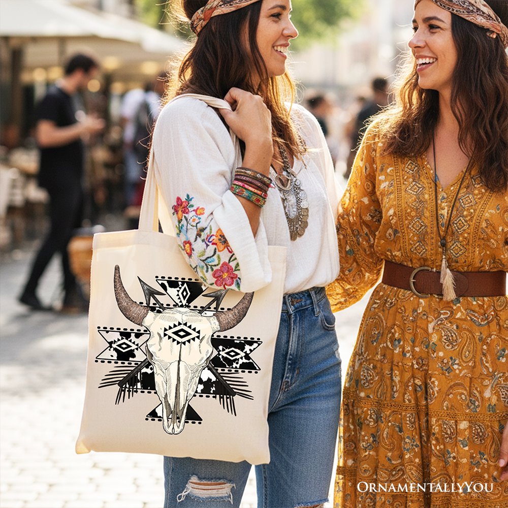 Western Aztec Tribal Bull Skull and Tote Bag