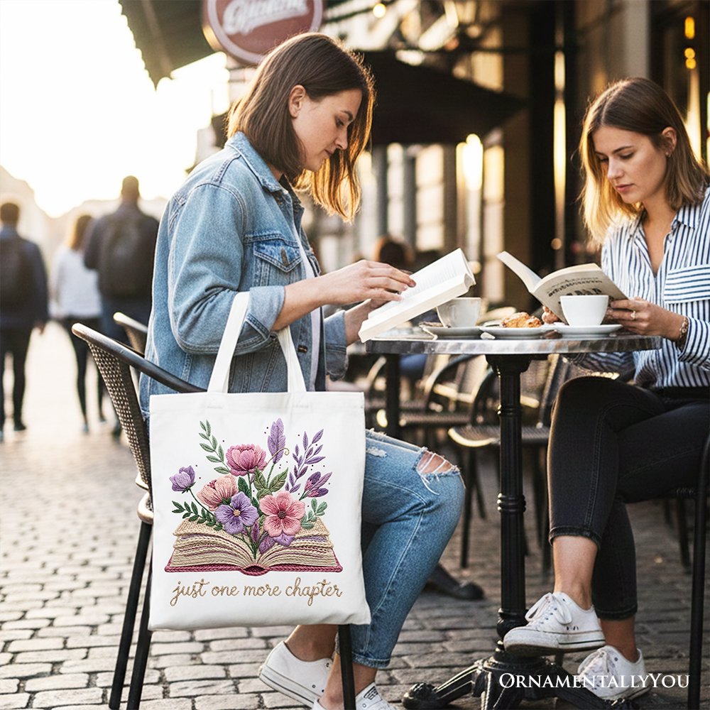 Floral Book Print Faux Crochet Tote for a Reader