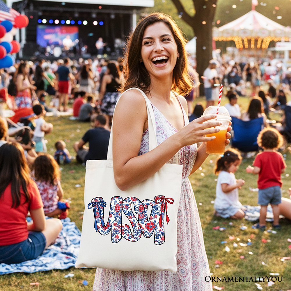 Patriotic Floral Canvas Tote Bag for Women