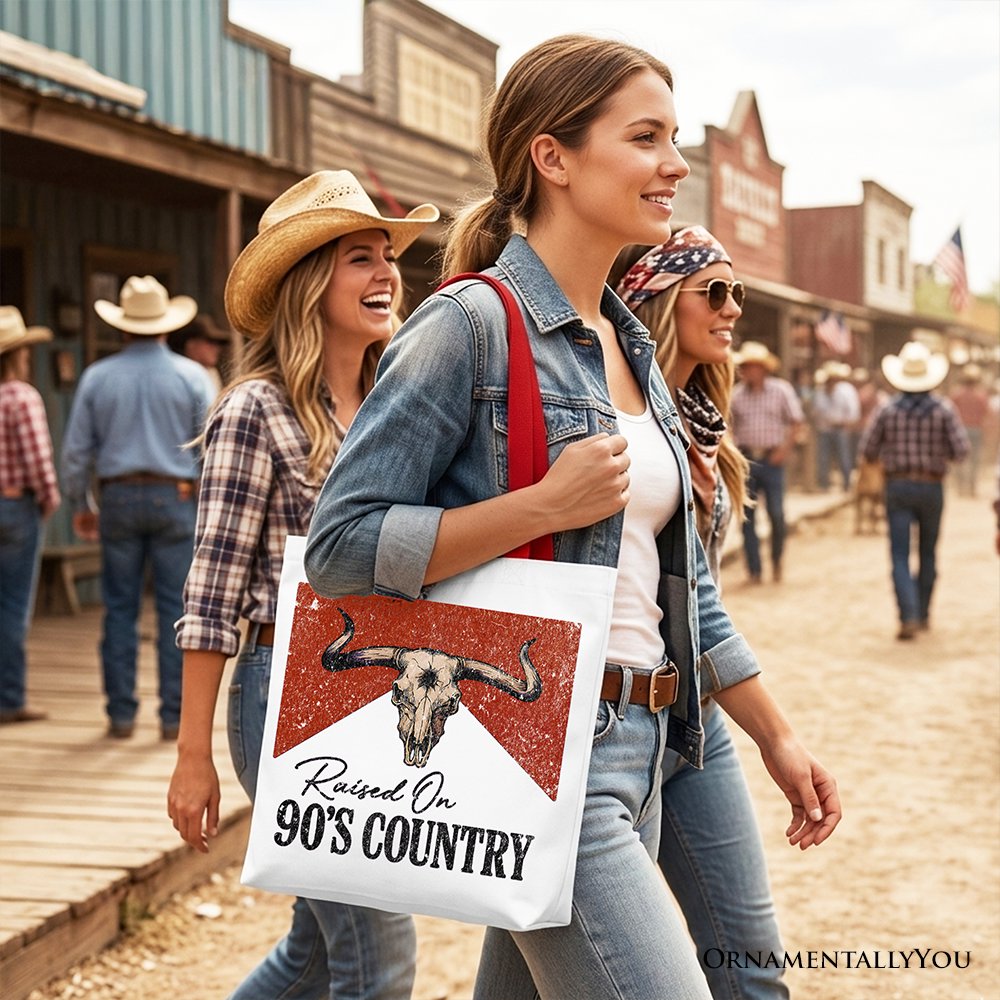 Raised On 90s Country Tote Bag With Bull Skull