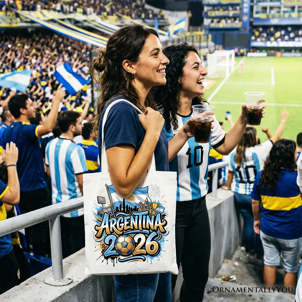 Argentina 2026 Soccer Cup Tote Bag with colorful graphic carried by fans OrnamentallyYou on Tampa Home & Garden Store