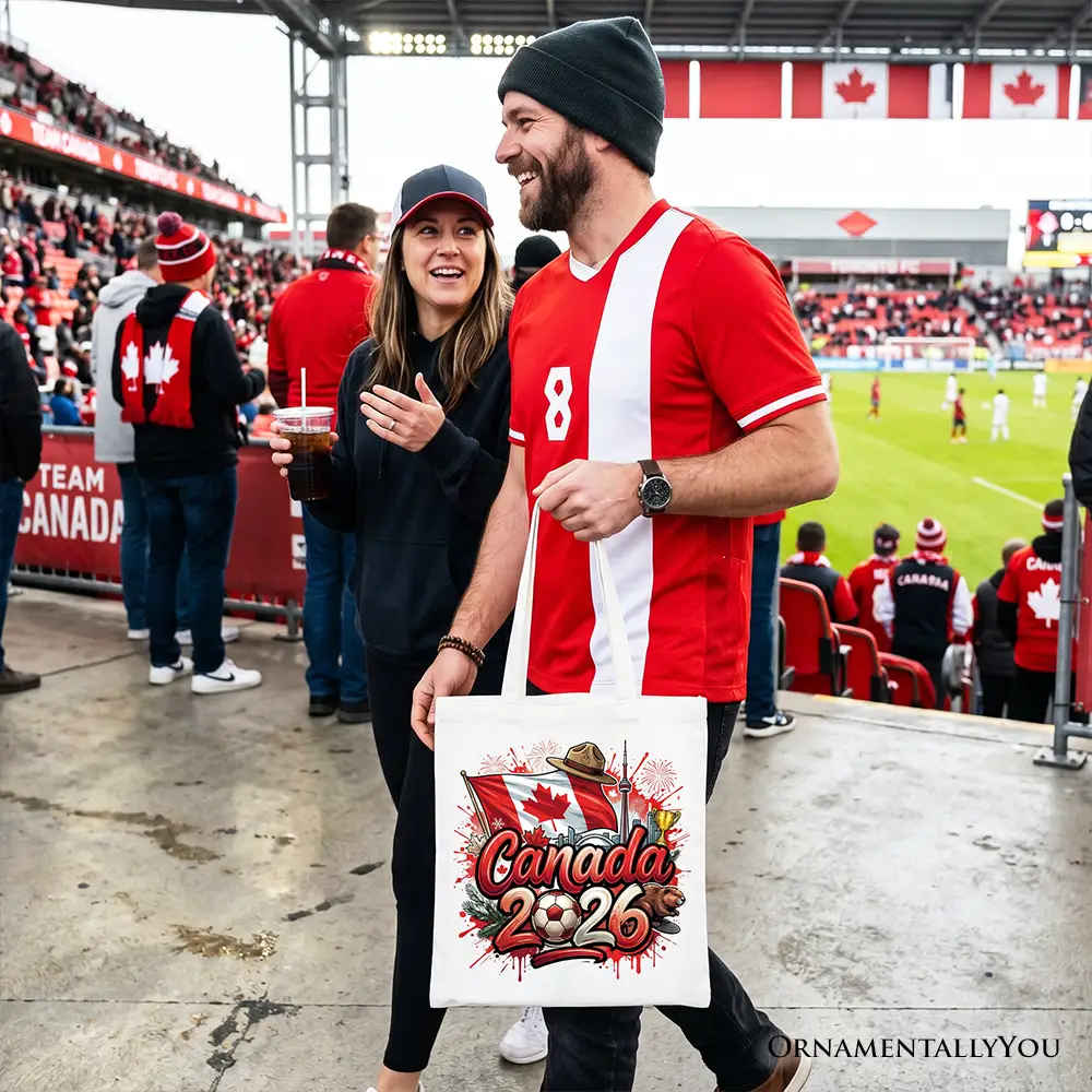 Tote bag white with Canada 2026 design maple flag and fireworks by OrnamentallyYou on Tampa Home & Garden Store