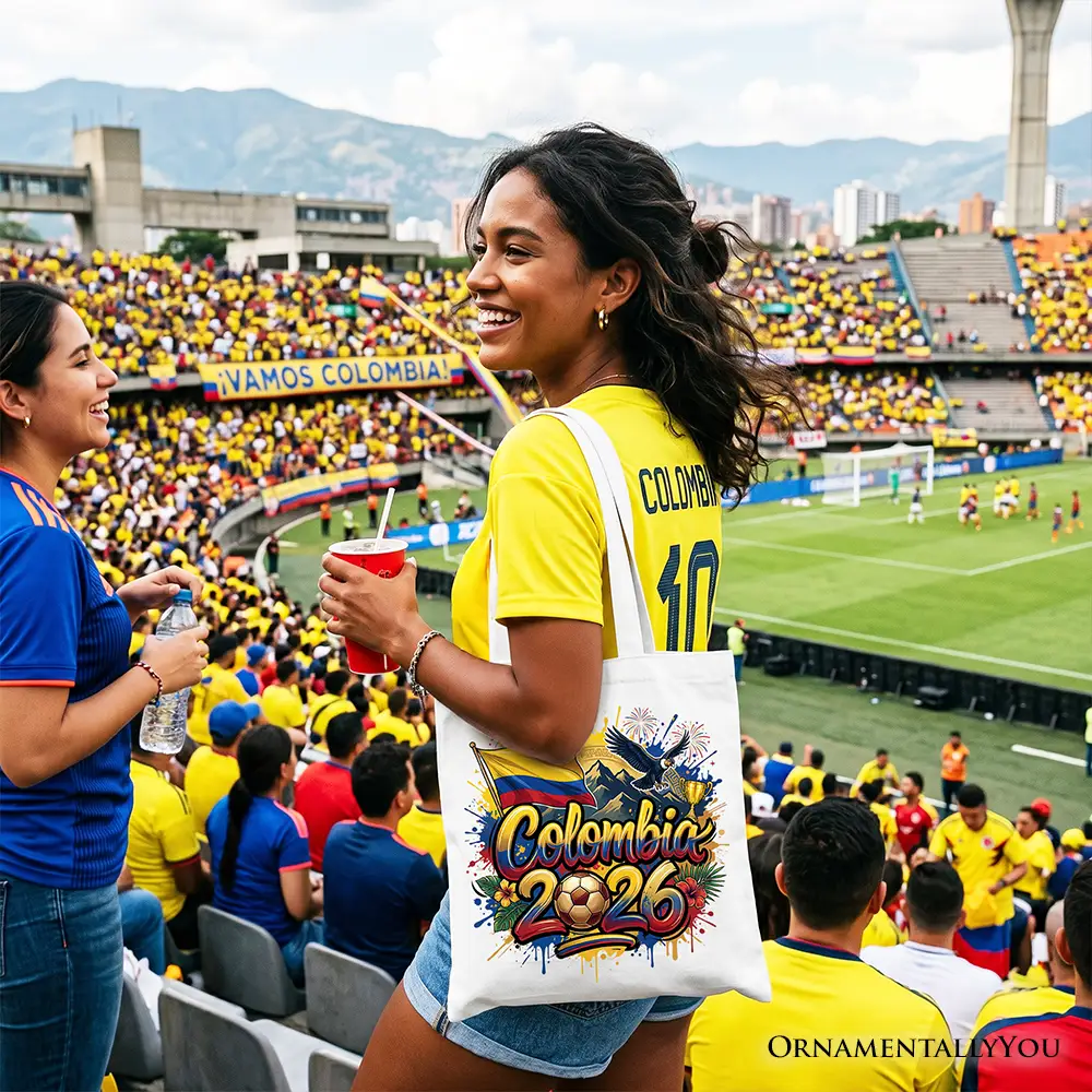 White tote bag Colombia 2026 soccer cup design by OrnamentallyYou, colorful football graphics on Tampa Home & Garden Store
