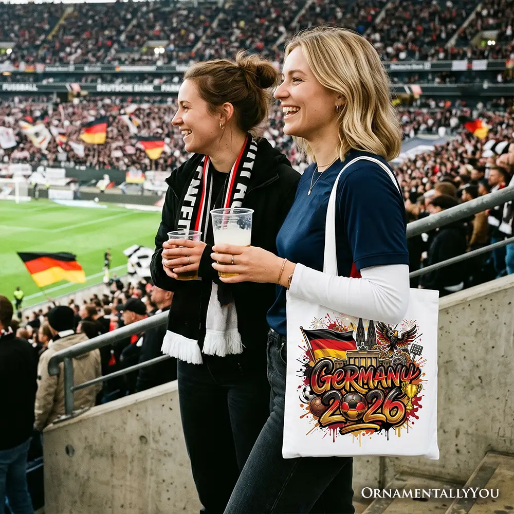 Tote bag Germany 2026 graphic with flag, carried by fans at a stadium; OrnamentallyYou on Tampa Home & Garden Store