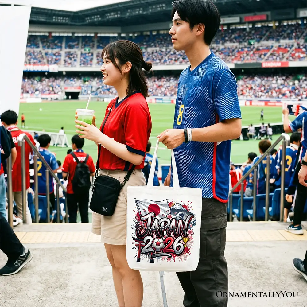 Tote Bag white with Japan 2026 Soccer Cup graphic in bold colors OrnamentallyYou on Tampa Home & Garden Store