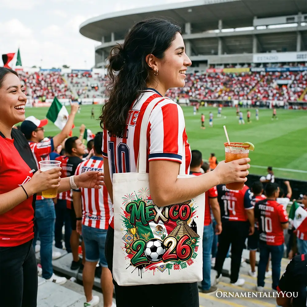 Tote bag Mexico 2026 Soccer Cup by OrnamentallyYou with colorful graphic on white canvas on Tampa Home & Garden Store