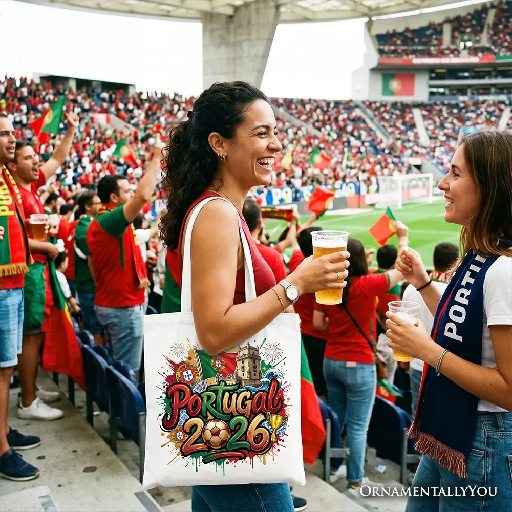 White tote bag with Portugal 2026 graphic by OrnamentallyYou carried by cheering fans at a stadium on Tampa Home & Garden Store