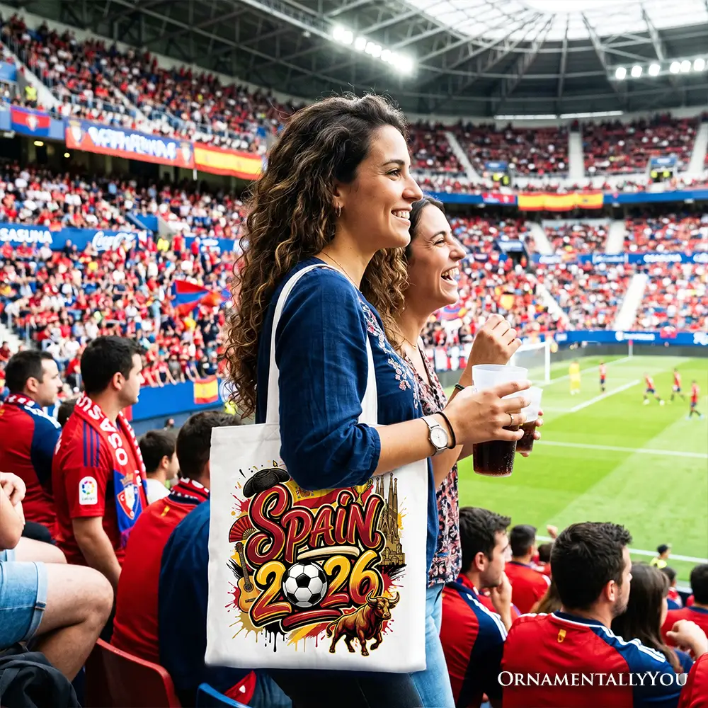 Spain 2026 Soccer Cup Tote Bag white tote with colorful graphic and soccer ball OrnamentallyYou on Tampa Home & Garden Store