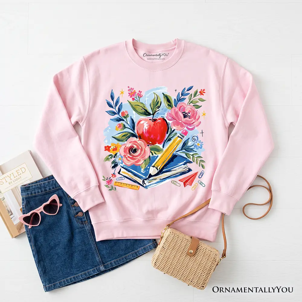 Boho Floral Teacher Sweatshirt in pink with watercolor apples and flowers design OrnamentallyYou on Tampa Home & Garden Store