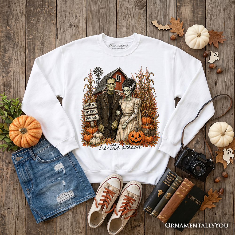 Frankenstein Couple Pumpkin Patch Sweatshirt white with Halloween pumpkins OrnamentallyYou on Tampa Home & Garden Store