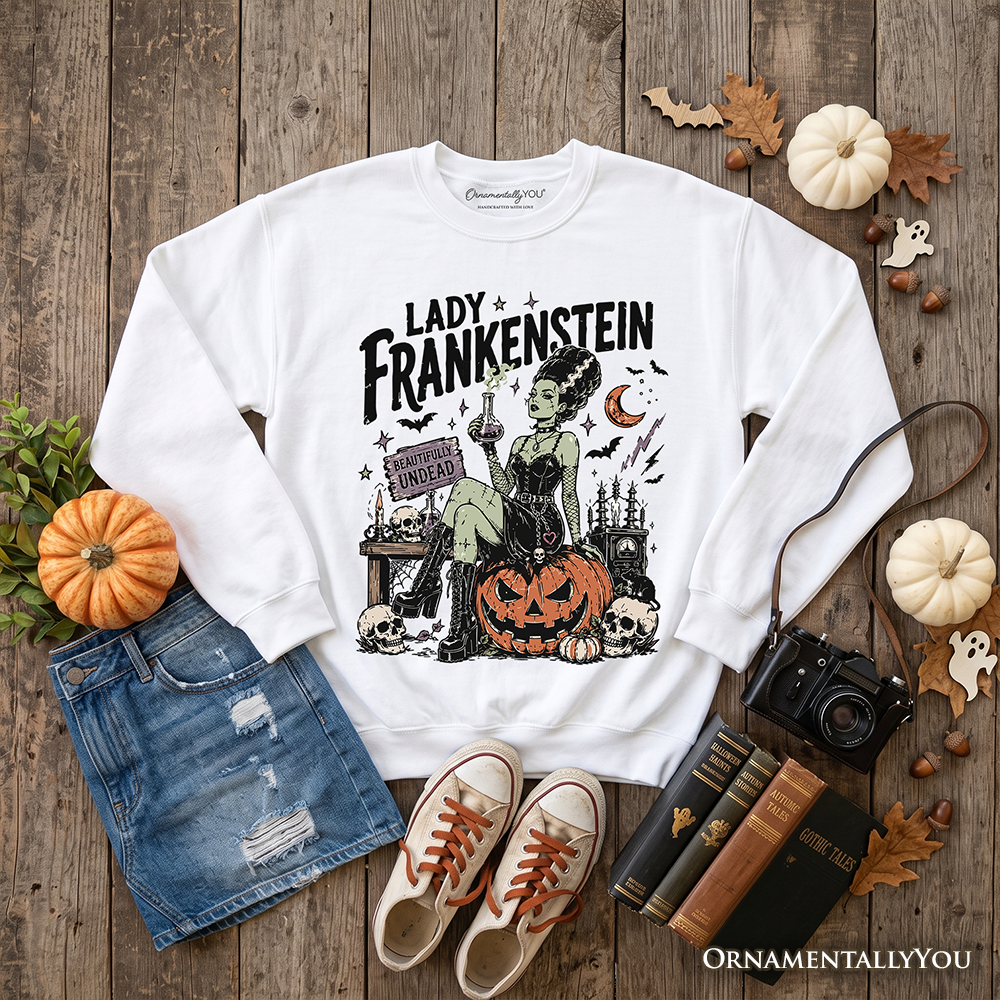 Lady Frankenstein Sweatshirt, white cotton with vintage Gothic artwork by OrnamentallyYou on Tampa Home & Garden Store