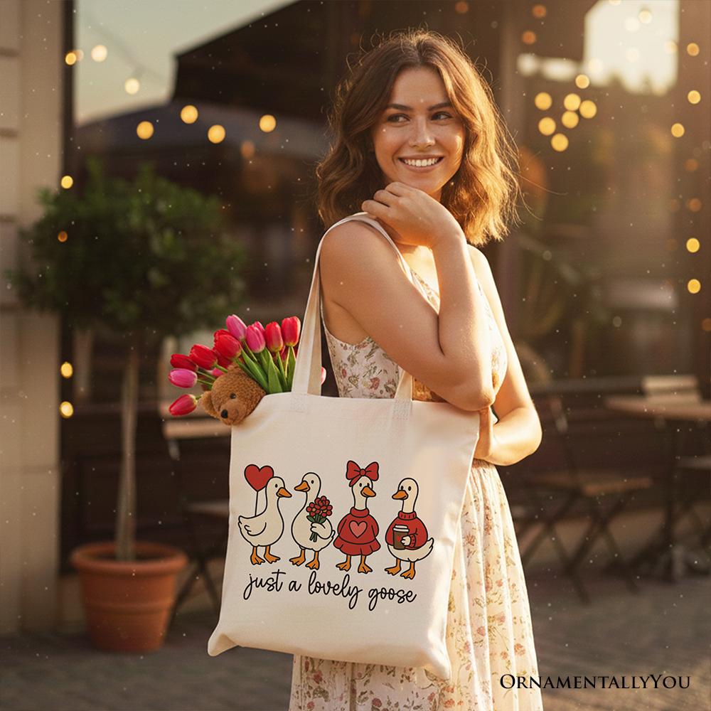 Just a Lovely Goose Valentine Canvas Tote Bag, Coquette Cute Love Printed Gift Bag