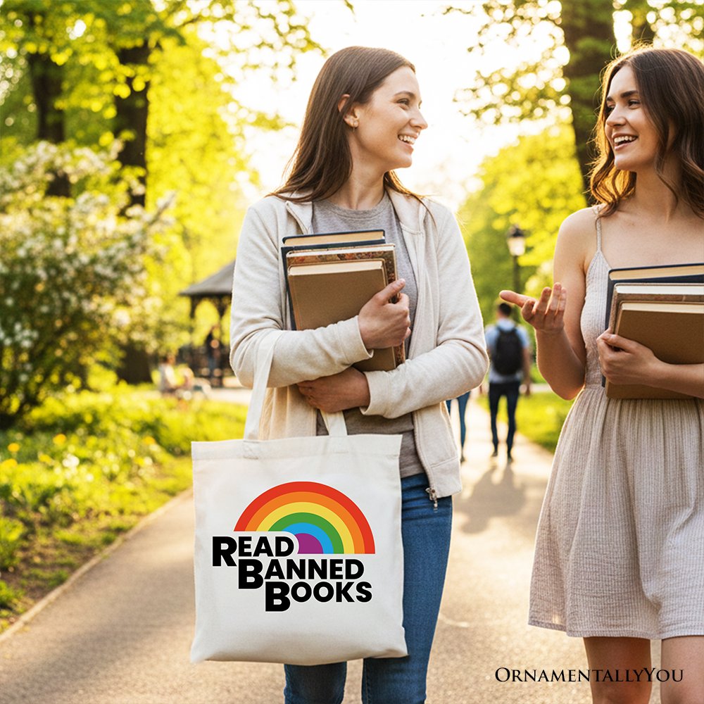 Rainbow Banned Books Canvas Tote Bag and Design