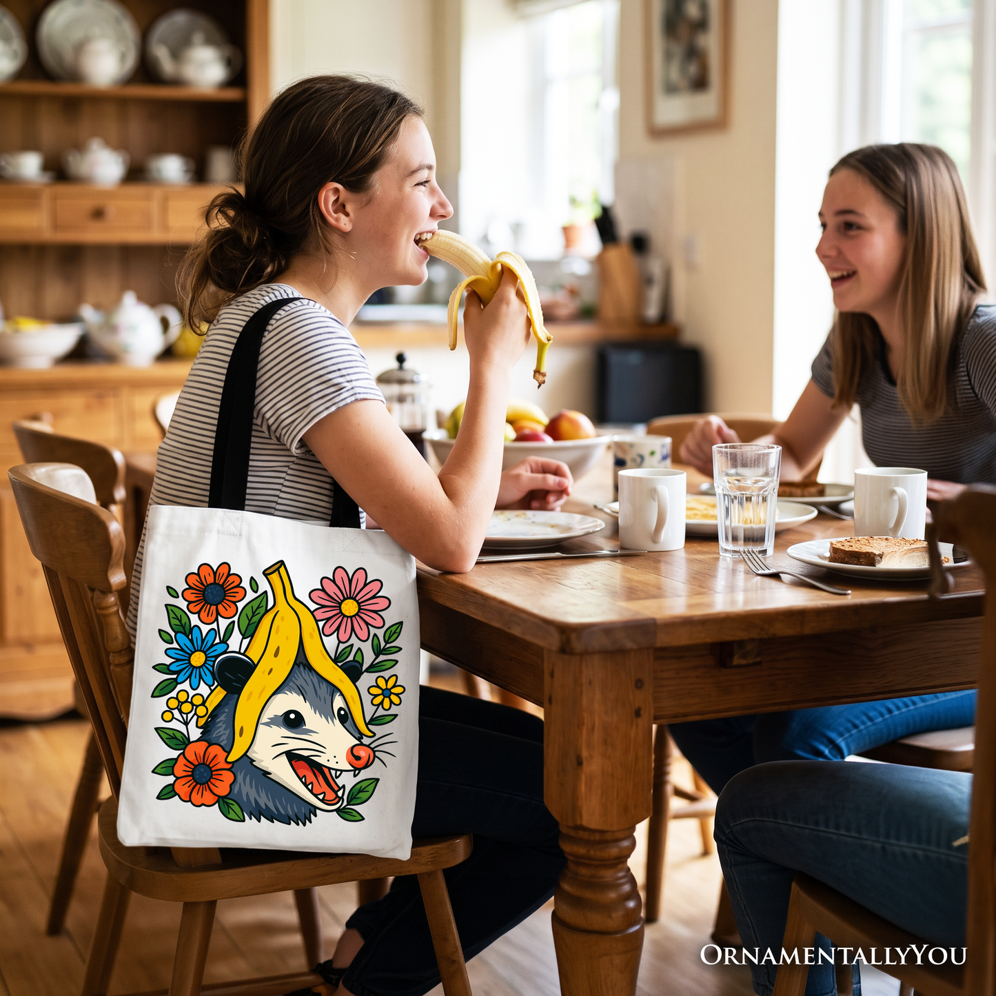 Funny Banana Possum Floral Canvas Tote Bag