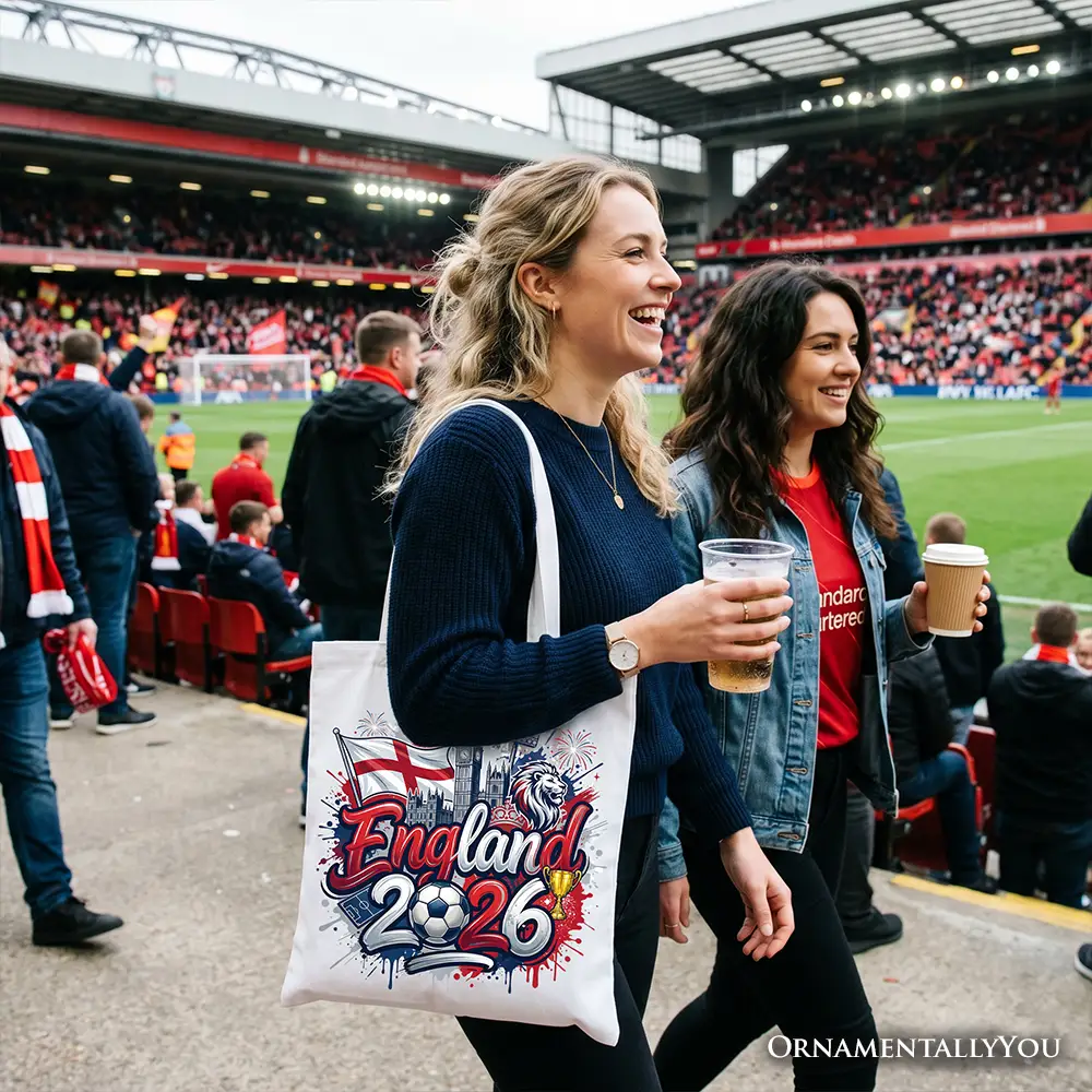 England 2026 tote bag with bold football graphic by OrnamentallyYou on Tampa Home & Garden Store