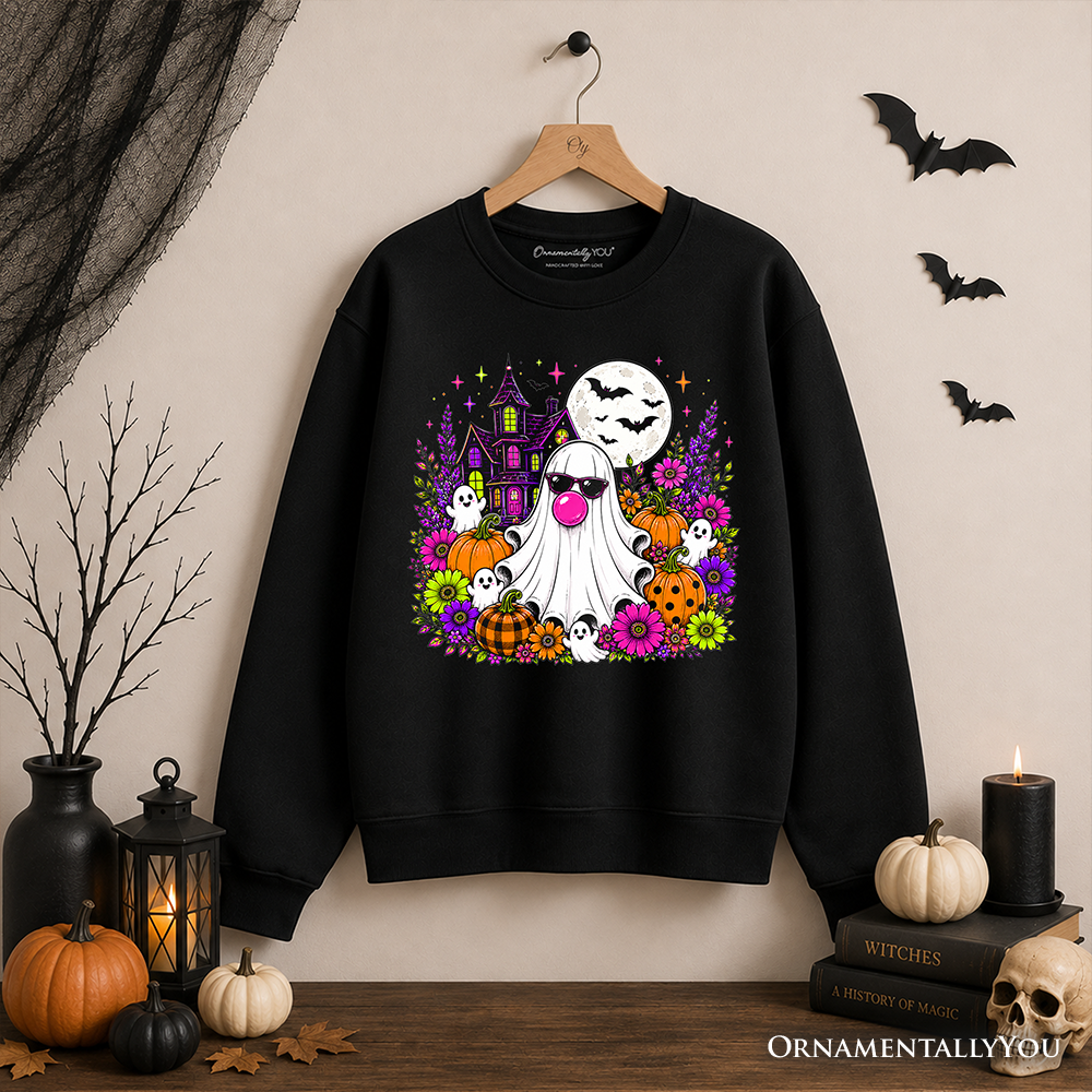 Sweatshirt OrnamentallyYou Bubblegum Ghost Haunted House with colorful floral pumpkins on black on Tampa Home & Garden Store