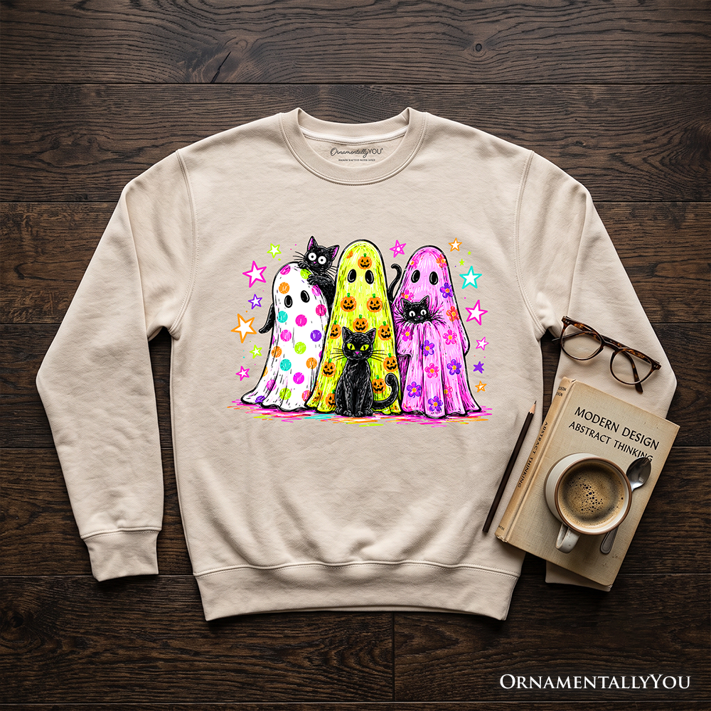Sweatshirt Colorful Ghosts and Black Cats neon print on beige fabric by OrnamentallyYou on Tampa Home & Garden Store