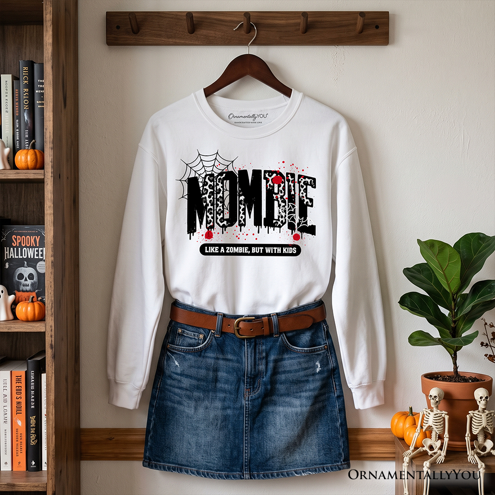 White Mombie Sweatshirt with spiderweb graphic, Halloween mom humor, OrnamentallyYou on Tampa Home & Garden Store