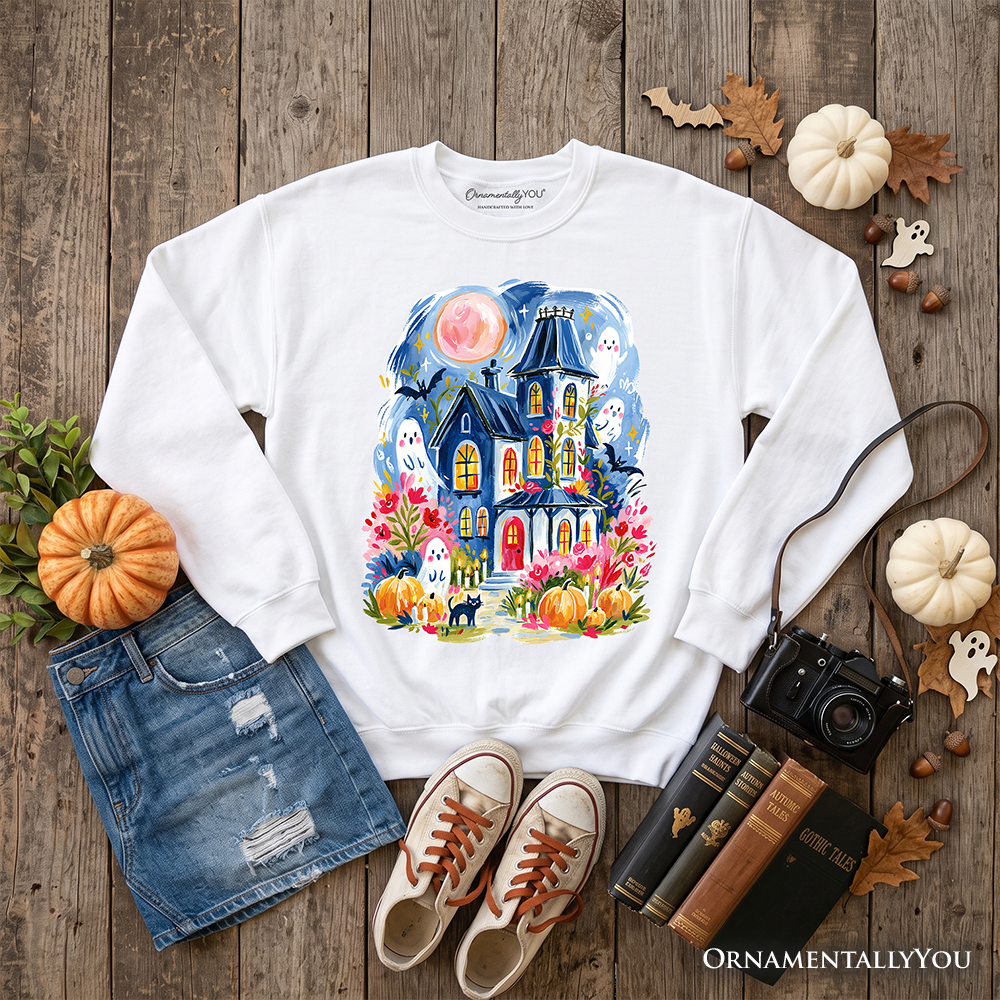 Watercolor Haunted House Sweatshirt white with colorful ghosts and pumpkins, OrnamentallyYou on Tampa Home & Garden Store