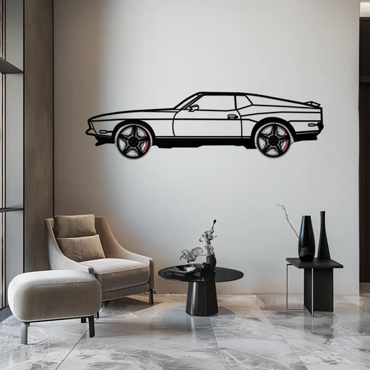 Ford Mustang 1971 metal wall art with rotating wheels, black line silhouette, Enova Art on Tampa Home & Garden Store