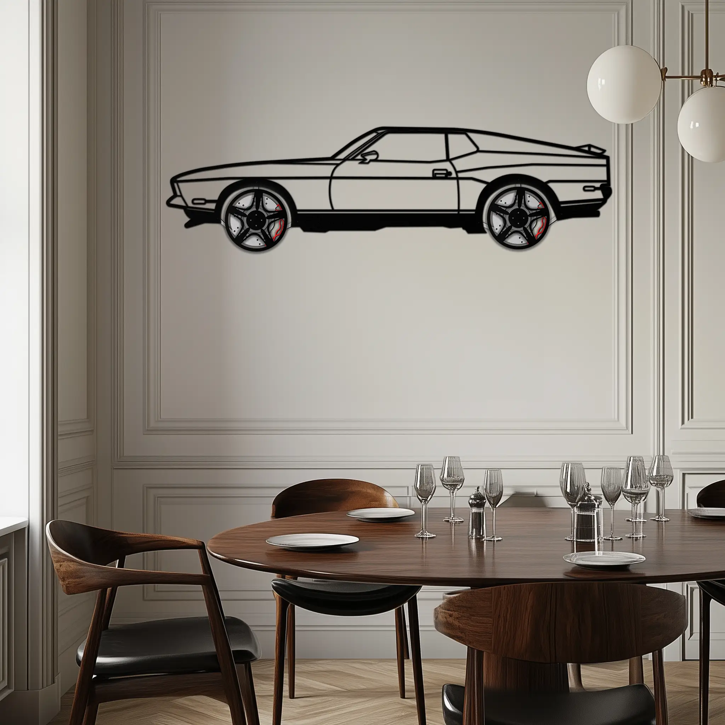 Ford Mustang 1971 metal car wall art with rotating wheels Enova Art sculpture on Tampa Home & Garden Store