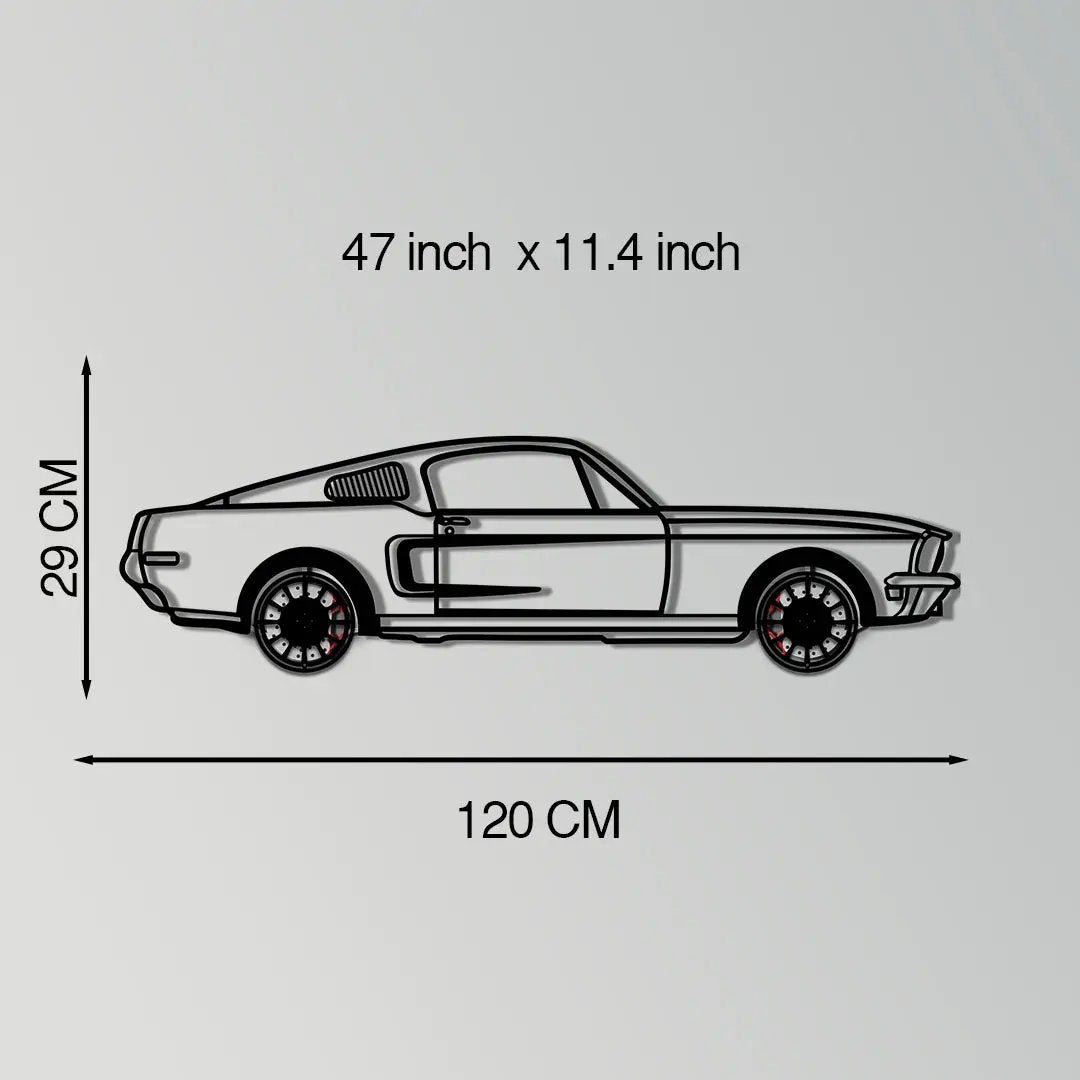 Ford Mustang GT metal wall art with rotating wheels, black silhouette, Enova Art sculpture on Tampa Home & Garden Store