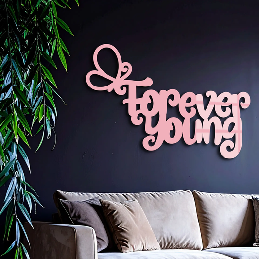 Forever Young butterfly script metal wall art in pink by Enova Art, girl power decor on Tampa Home & Garden Store