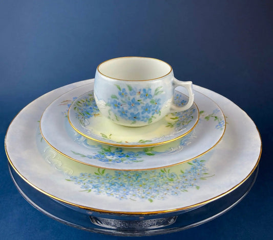 Forget Me Not cup and saucer set on porcelain with blue floral pattern and gold trim, stacked on Tampa Home & Garden Store