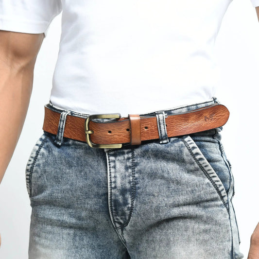 Formal tan full-grain leather belt with brass buckle for men on Tampa Home & Garden Store