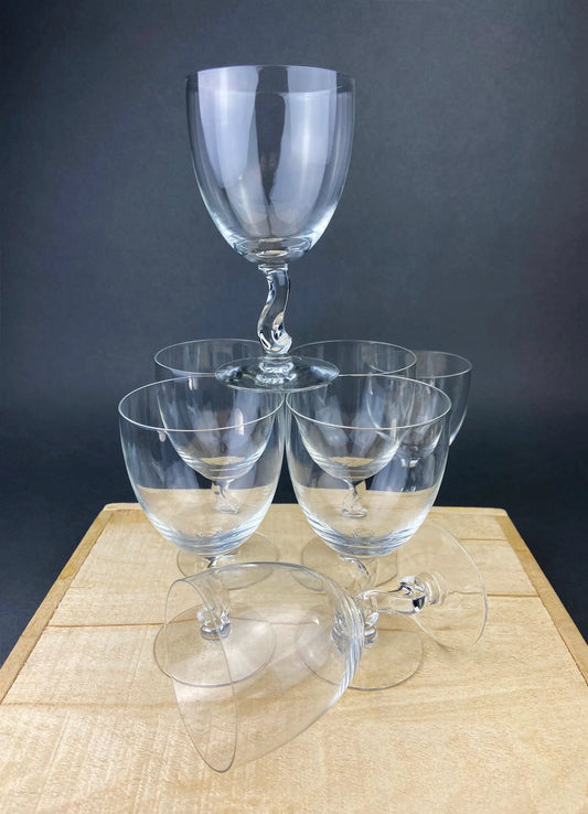 Fostoria Contour crystal goblets set of seven, clear glass stemware with twisted S-shaped stems on Tampa Home & Garden Store