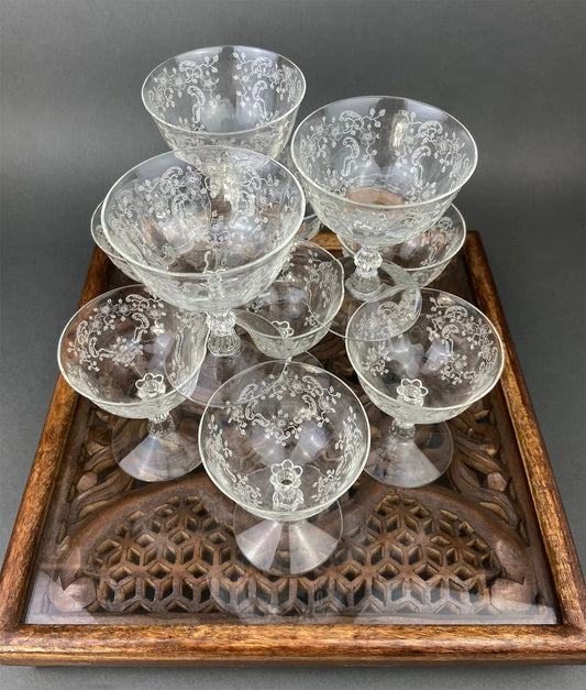 Fostoria low sherbet glasses etched meadow rose motif, set of 10 stemware on Tampa Home & Garden Store