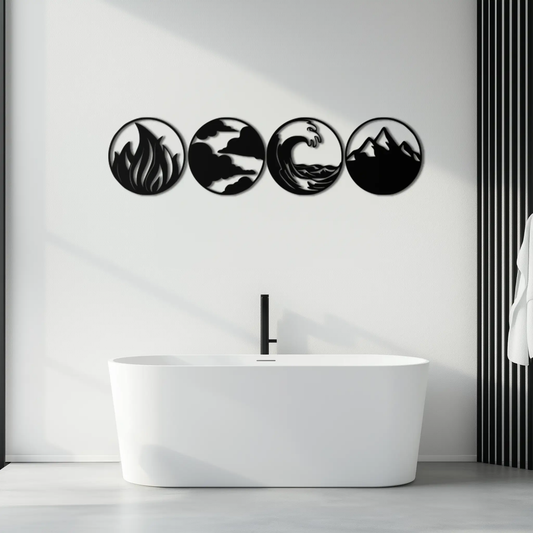 Four Elements Modern Metal Wall Art black circular Fire Air Water Earth icons Enova Art on Tampa Home & Garden Store