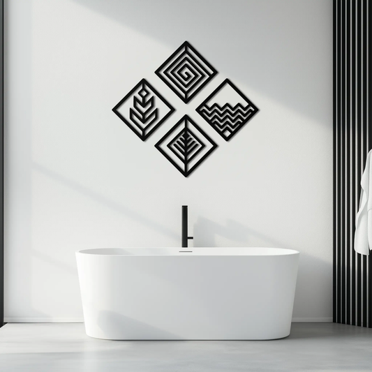 Four Elements Metal Wall Art with black diamond shapes featuring leaf, spiral motifs on Tampa Home & Garden Store