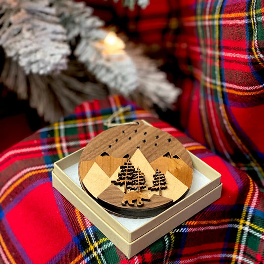 Fox Forest layered 3D wooden ornaments set of 3 with tree silhouettes, natural wood finish on Tampa Home & Garden Store