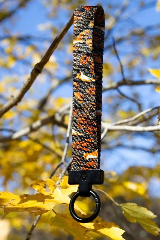 Seasonal Foxes in Fall wristlet keychain by Aria the Fox with autumn strap and black ring on Tampa Home & Garden Store