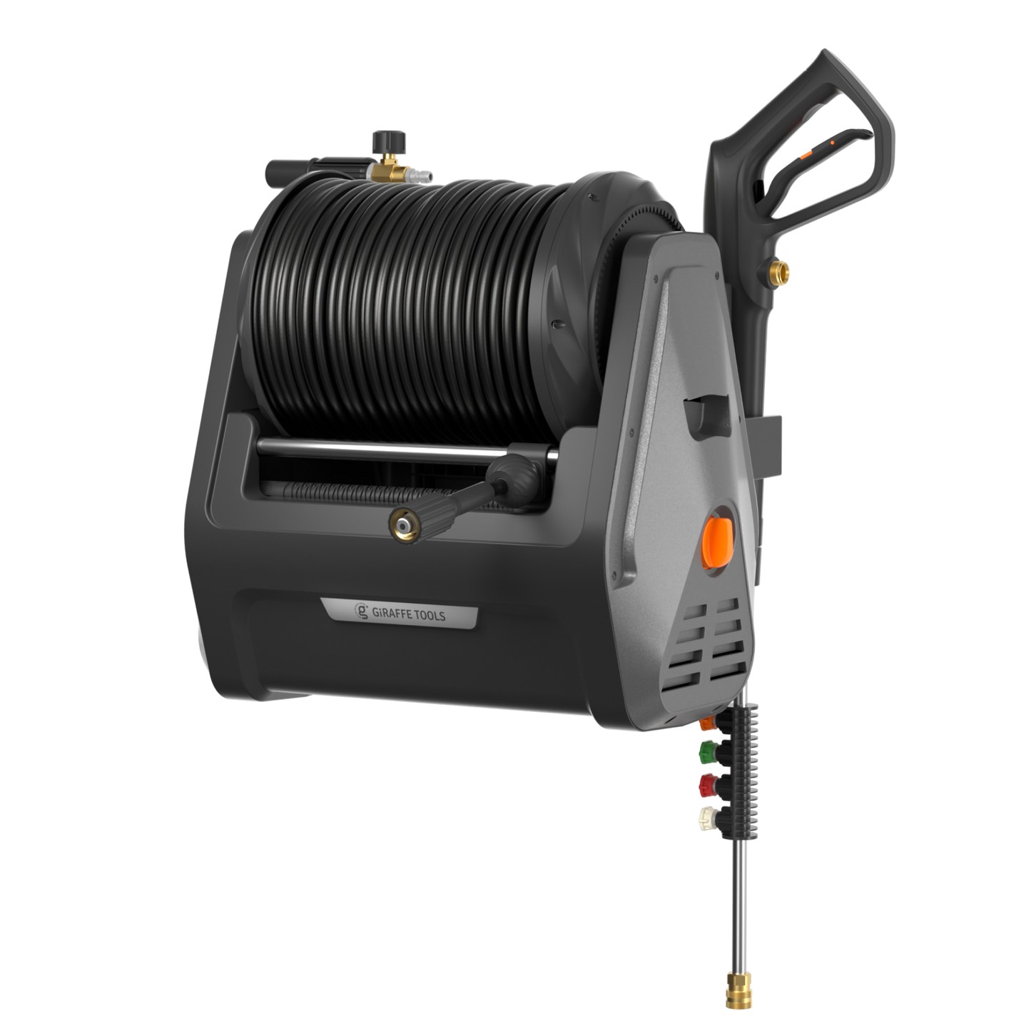 Grandfalls auto recoil hose for pressure washer by Giraffe Tools, black on gray reel on Tampa Home & Garden Store
