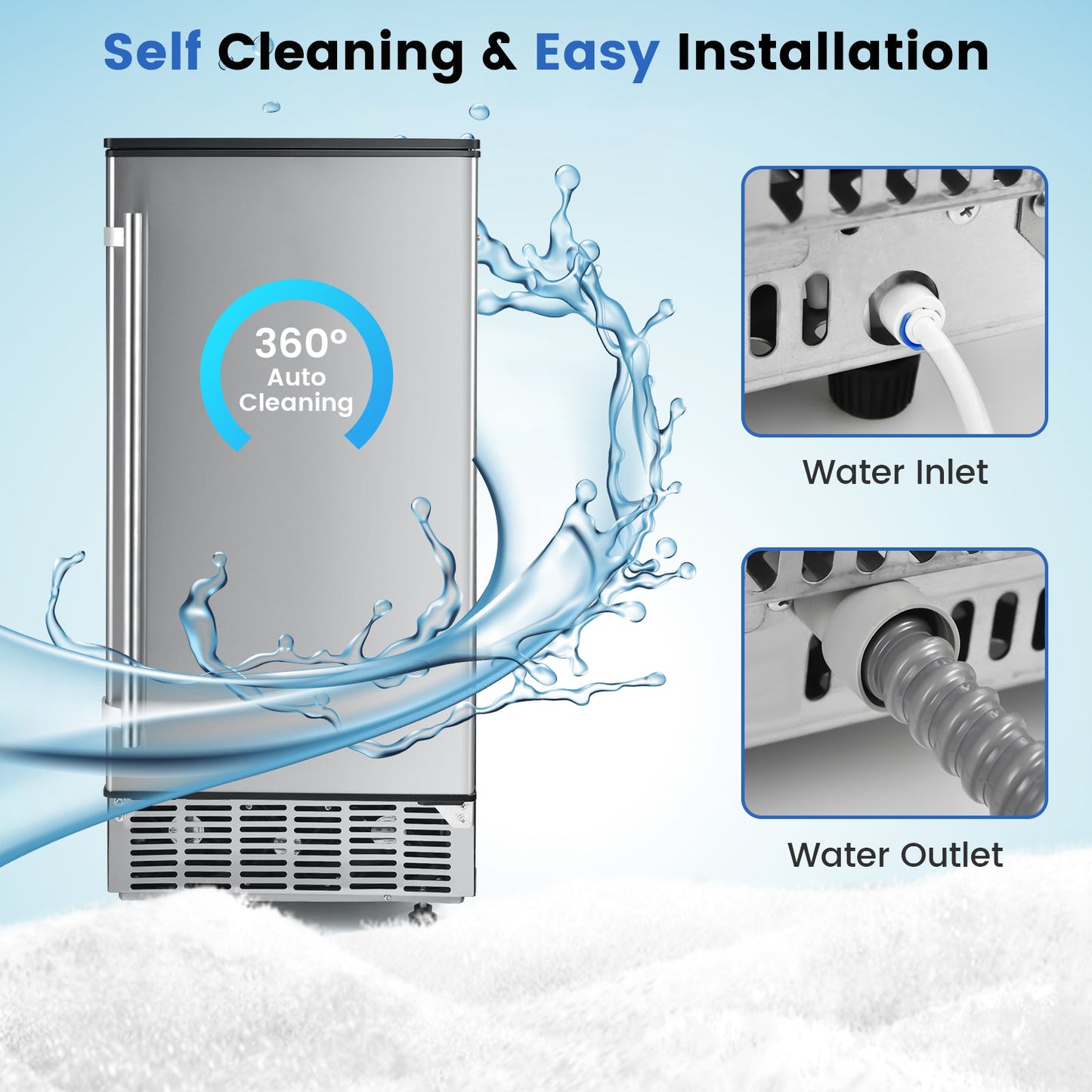 Freestanding ice maker in stainless steel with 360° Auto Cleaning and water inlet/outlet on Tampa Home & Garden Store