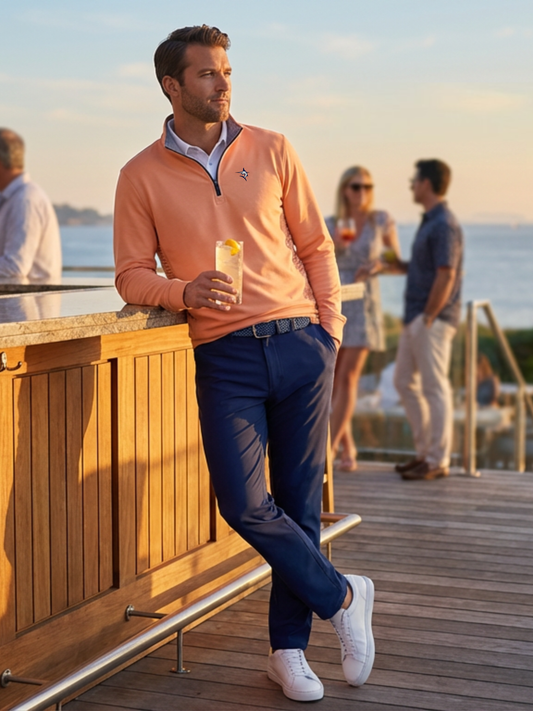 Monterey Performance Quarter Zip peach long-sleeve pullover by White Water Life with chest logo on Tampa Home & Garden Store
