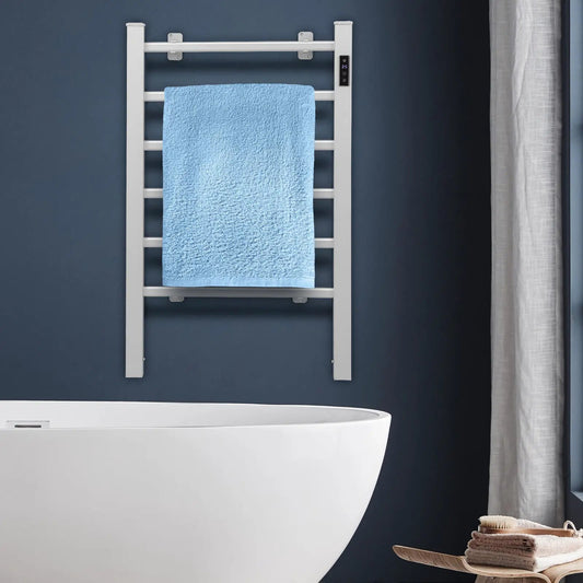 6-bar silver towel warmer, wall-mounted/freestanding with LED control and blue towel on Tampa Home & Garden Store