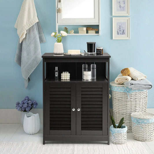 Wood bathroom storage cabinet with double doors, black freestanding, DirectDeals cabinet on Tampa Home & Garden Store
