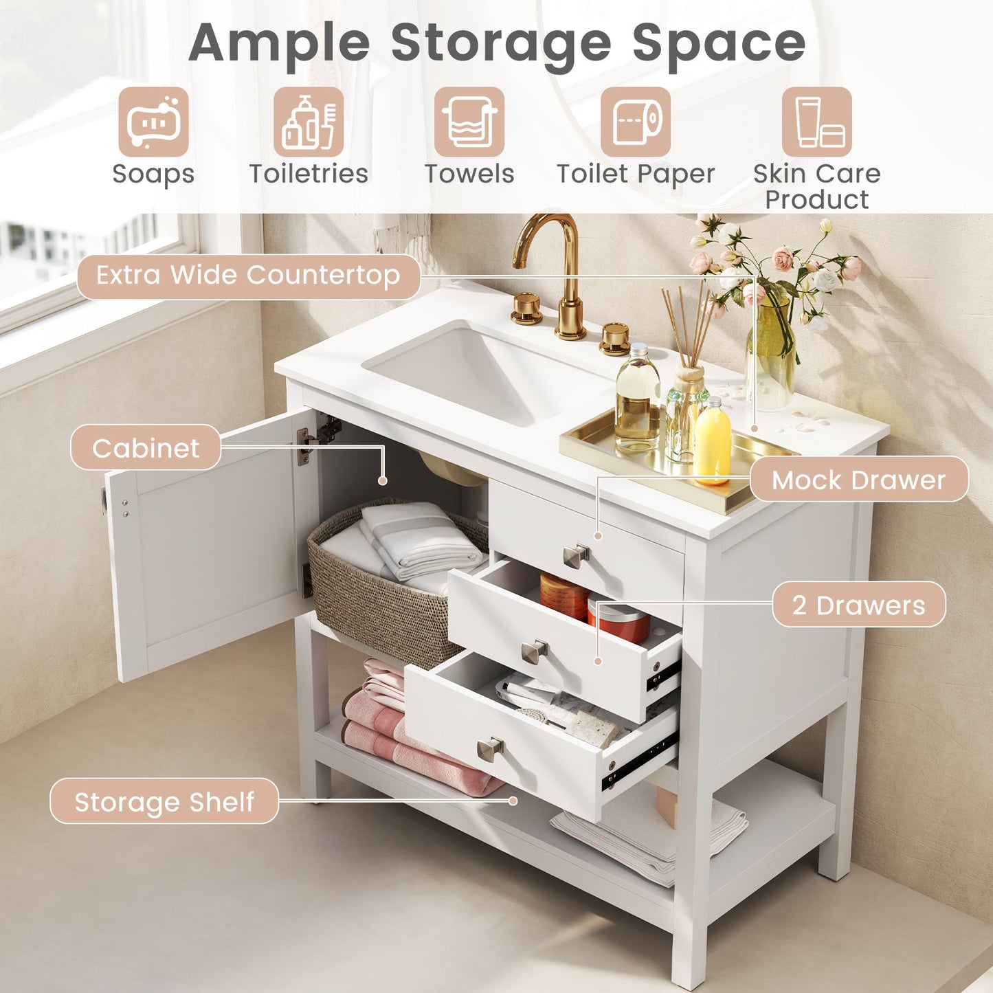 Mueble de baño independiente con lavabo y armario de almacenamiento - Blanco