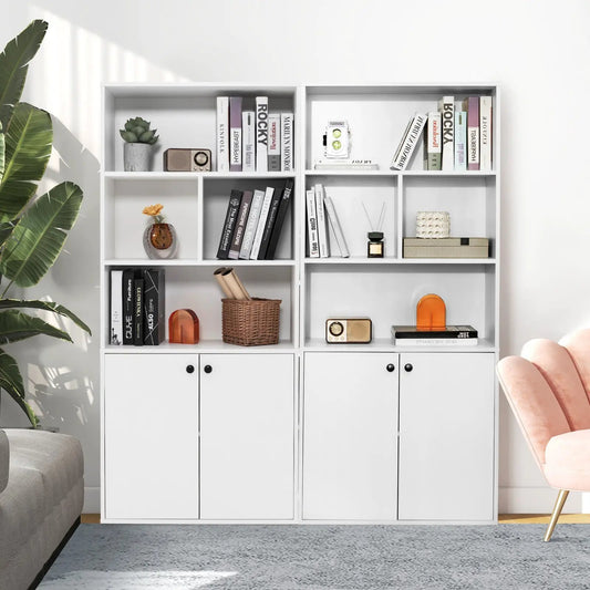 Five-tier freestanding bookcase with open cubes in white, filled with books and decor on Tampa Home & Garden Store