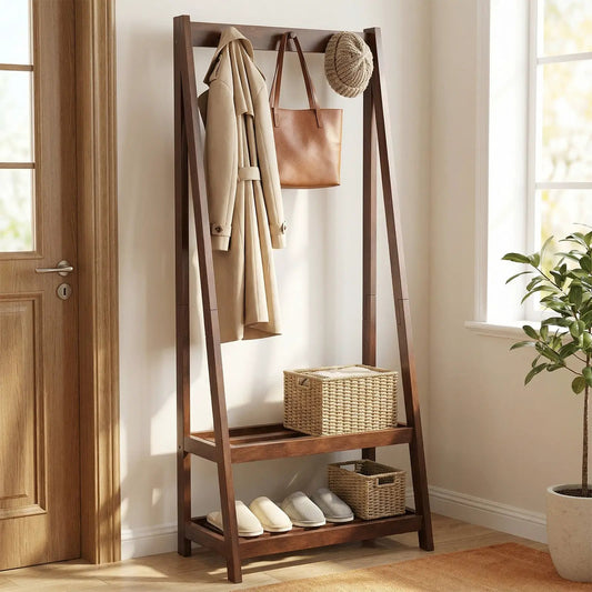 Walnut clothes rack with 3 hooks and 2 shelves, displaying coat, tan tote, and hat on Tampa Home & Garden Store