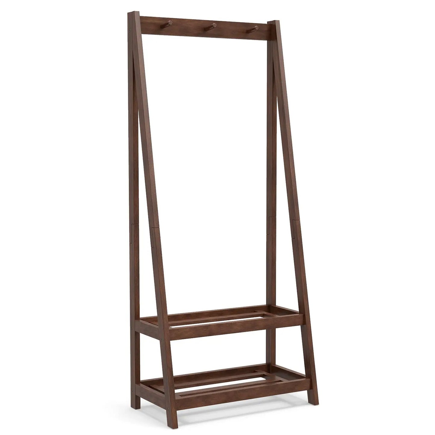 Clothes rack in walnut finish with 3 hooks and 2 shelves, freestanding garment rack DirectDeals on Tampa Home & Garden Store
