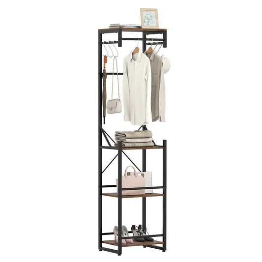 Coat rack with 4 shelves and hooks, black metal frame in rustic brown, holds coats and bags on Tampa Home & Garden Store